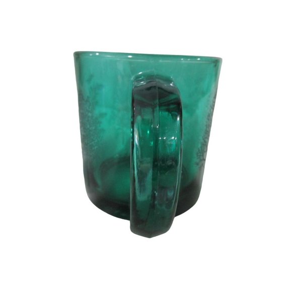 Vintage Emerald Green Glass Mug Etched Trees USA Made EUC - Picture 4 of 16